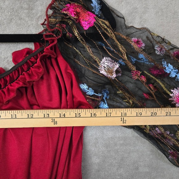 Floral Mesh Sheer Embroidered Puff Sleeve Whimsical Crop Top Fairy Large Womens - Picture 5 of 7